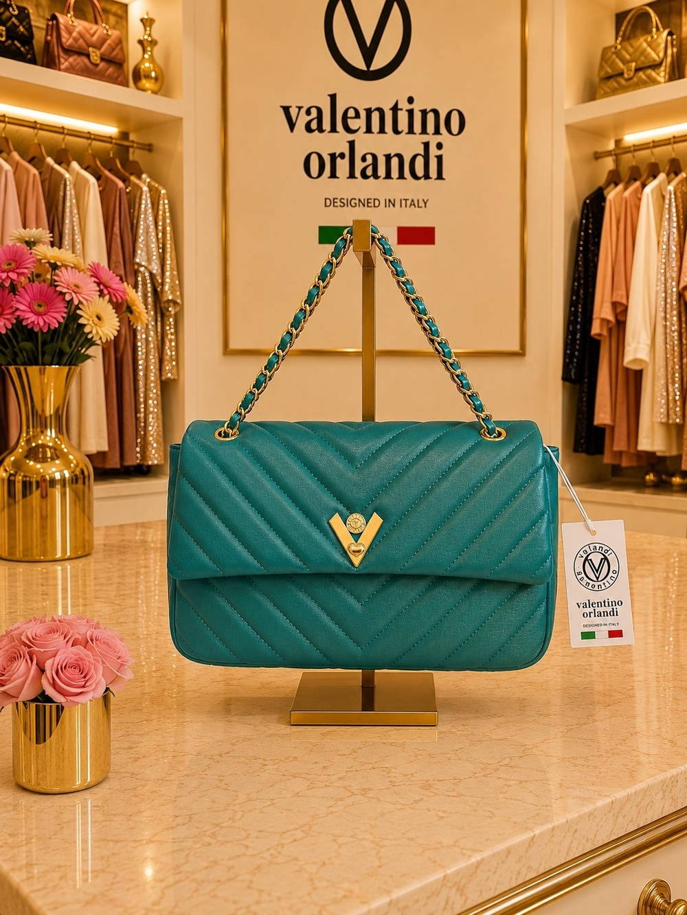 Brand New - Valentino Orlandi Teal Green Quilted Shoulder Bag w Gold Chain Strap